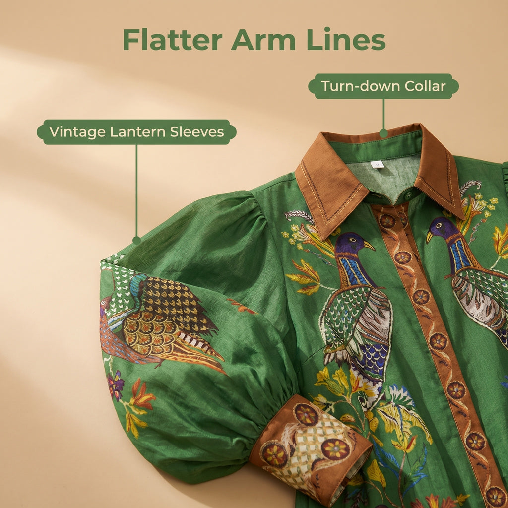 Robe plissée à manches lanternes imprimé vintage printemps 2026 – Élégante taille haute