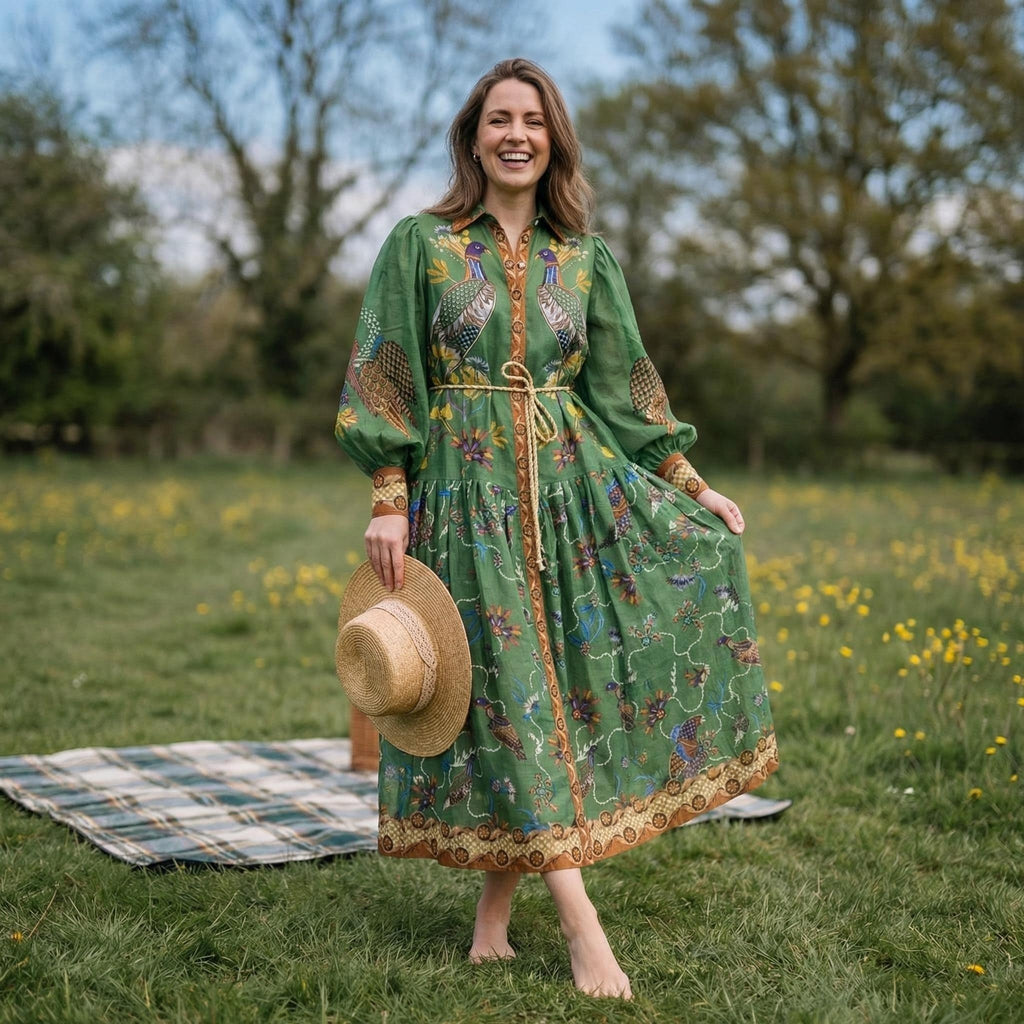 Robe plissée à manches lanternes imprimé vintage printemps 2026 – Élégante taille haute