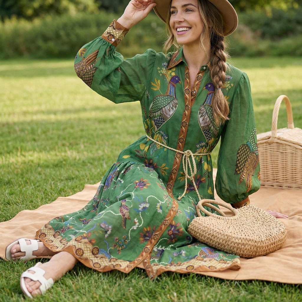Robe plissée à manches lanternes imprimé vintage printemps 2026 – Élégante taille haute