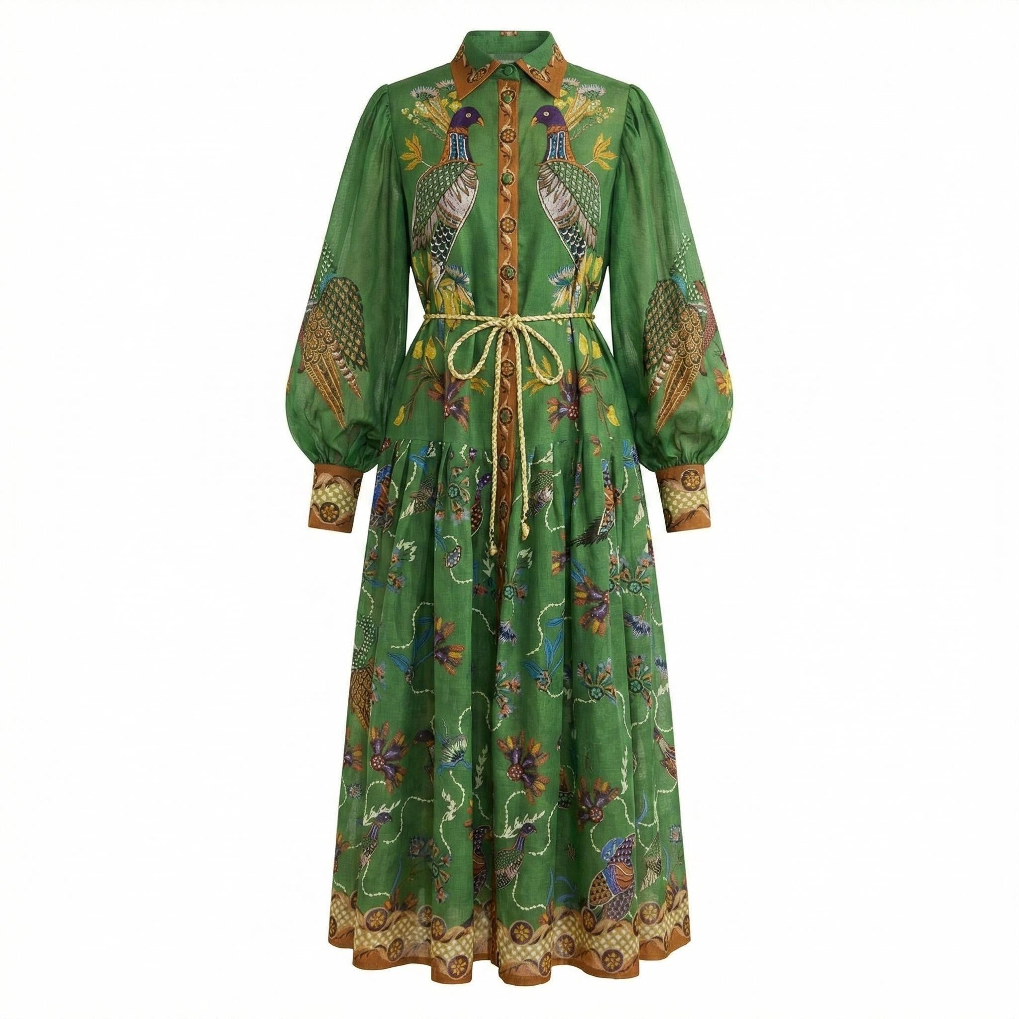Robe plissée à manches lanternes imprimé vintage printemps 2026 – Élégante taille haute