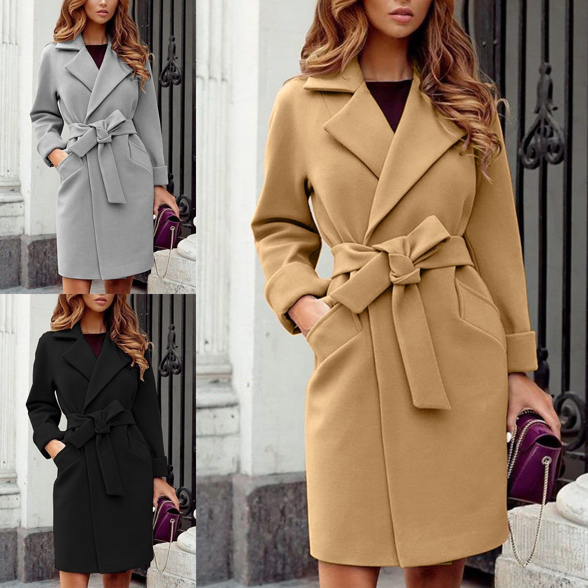Manteau Hiver ?l?gant ? Col Revers avec Ceinture