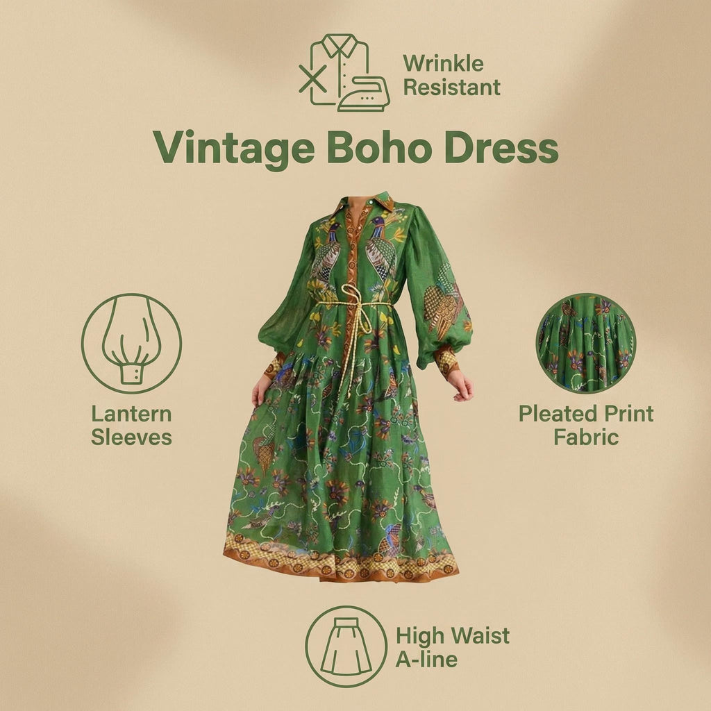 Robe plissée à manches lanternes imprimé vintage printemps 2026 – Élégante taille haute