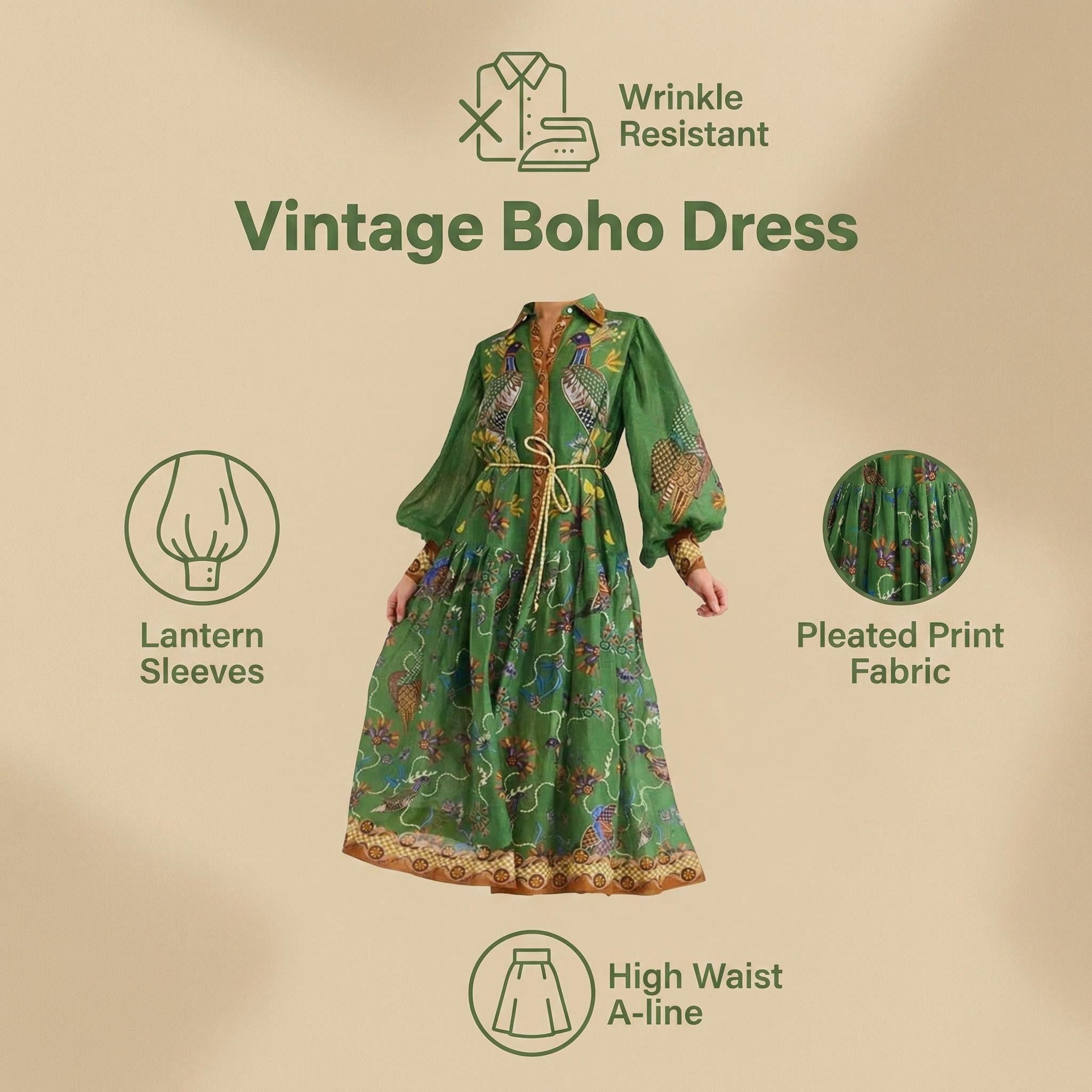 Robe plissée à manches lanternes imprimé vintage printemps 2026 – Élégante taille haute