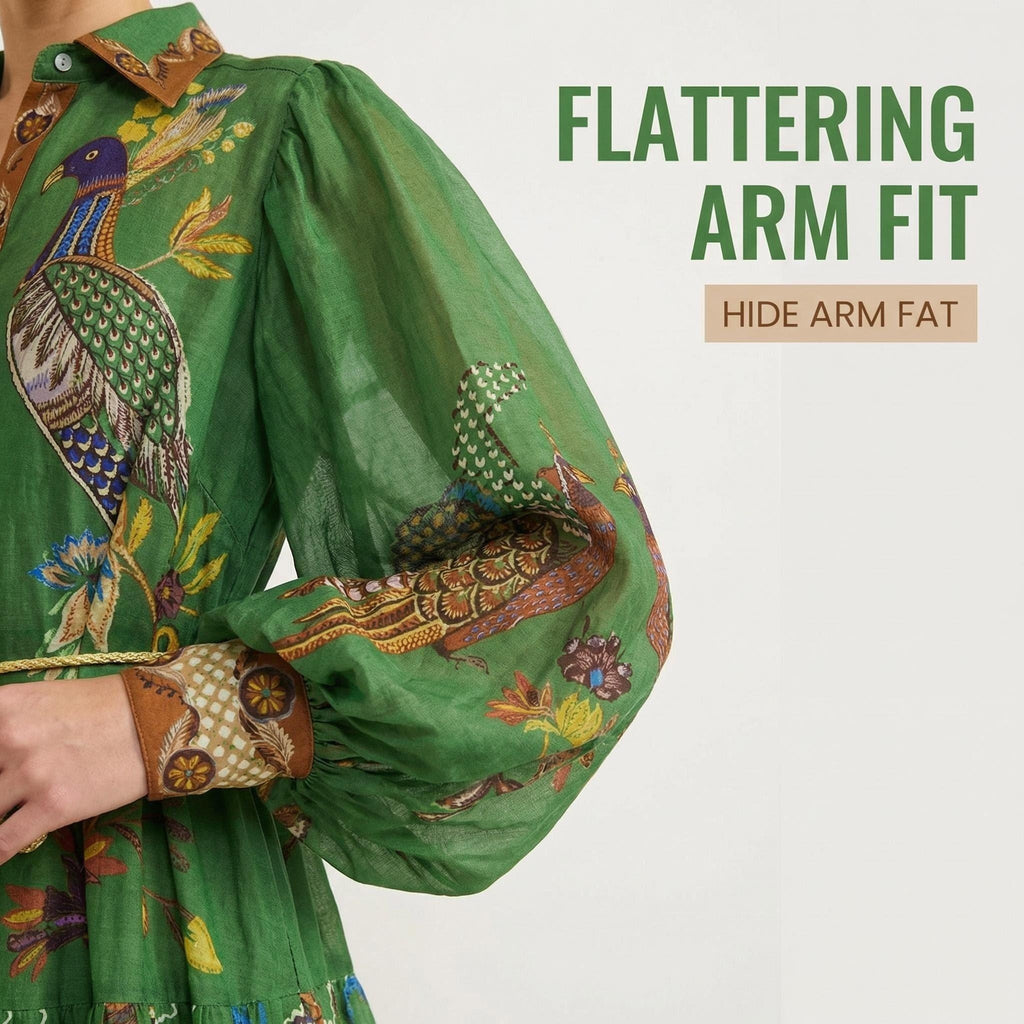 Robe plissée à manches lanternes imprimé vintage printemps 2026 – Élégante taille haute