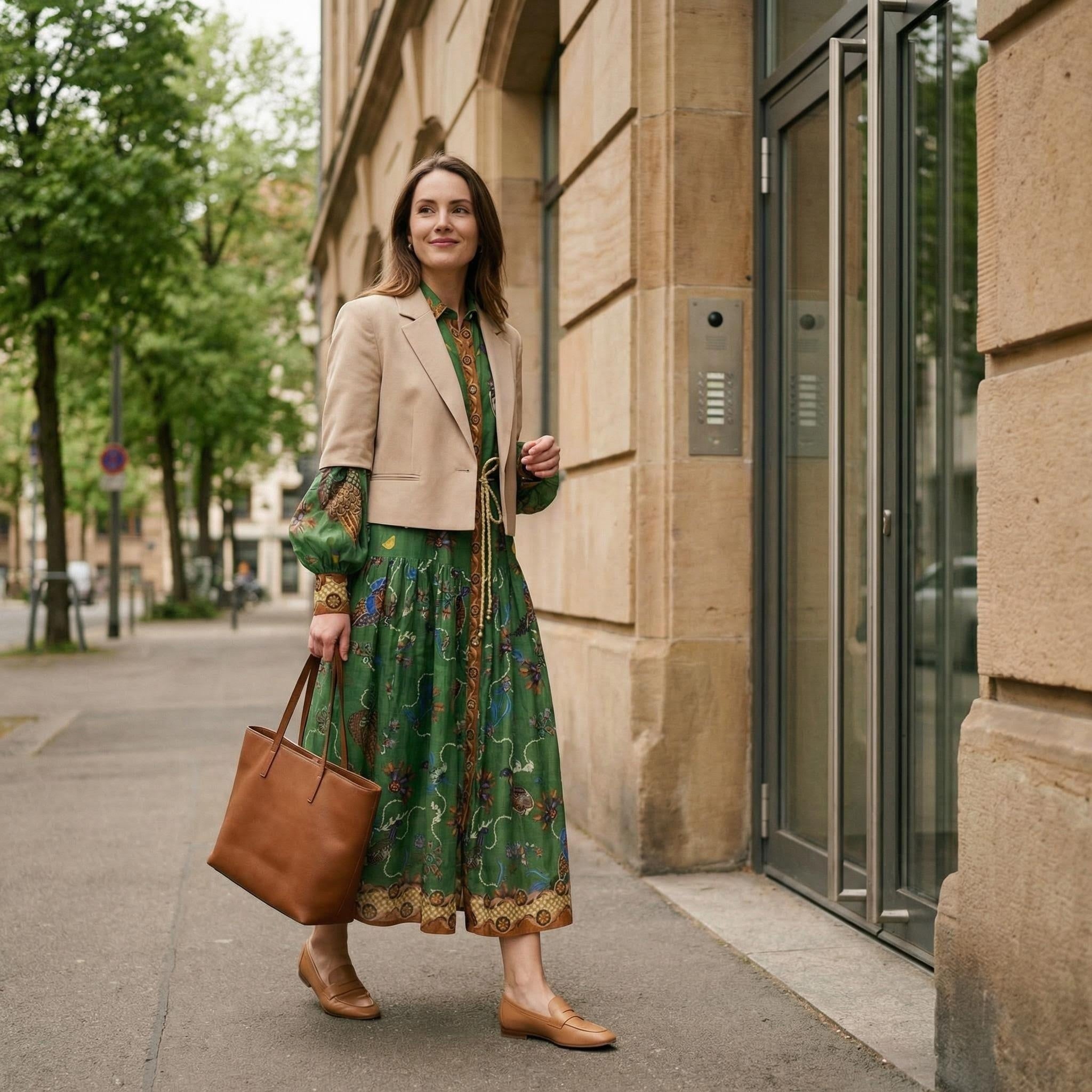 Robe plissée à manches lanternes imprimé vintage printemps 2026 – Élégante taille haute