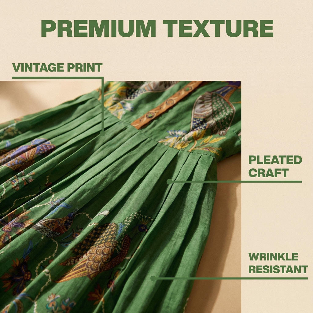 Robe plissée à manches lanternes imprimé vintage printemps 2026 – Élégante taille haute